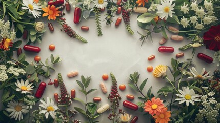 The pills are made from various herbs and flowers, with space for text.