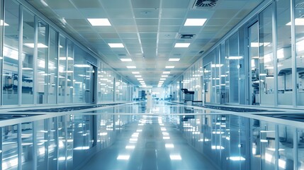 Fototapeta premium A hospital room with a blue floor and blue walls. There are several people walking around and a TV is on the left side of the room