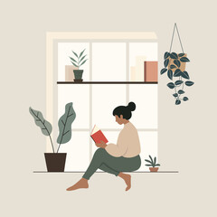 Flat vector illustration of a person reading a book by a window