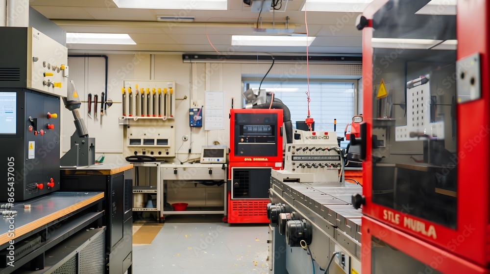 Aufkleber a large industrial workshop with a red machine in the middle. the room is filled with tools and mach