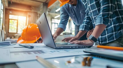 Two colleagues discussing data working and tablet, laptop with on on architectural project at construction site at desk in office.