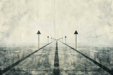 Abstract Grunge Road with Arrow Signs Leading to Horizon - Conceptual Background for Business and Motivation