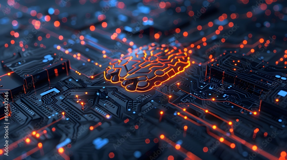 Aufkleber a computer chip with a brain on it. the brain is orange and surrounded by a black background