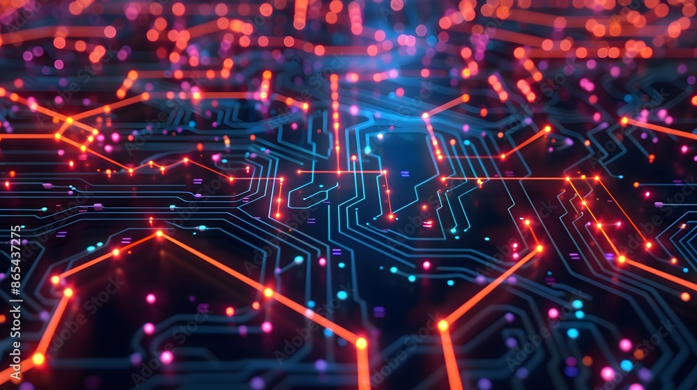 Poster a computer chip with a brain on it. the brain is orange and surrounded by a black background