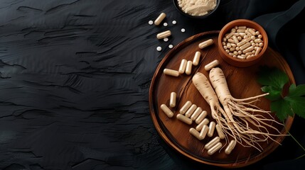 Ginseng roots and supplements on dark wooden background. Herbal medicine and natural remedy concept with copy space.