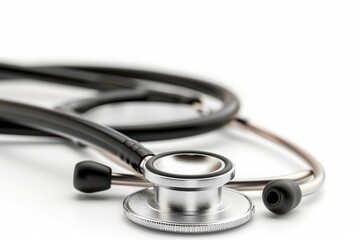 A detailed depiction of a stethoscope with black tubing and a silver chest piece, isolated on a pristine white background