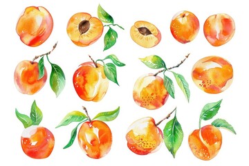 Naklejka premium Watercolor Apricot Set - Fresh Ripe Fruits with Leaves and Branch Isolated on White Background
