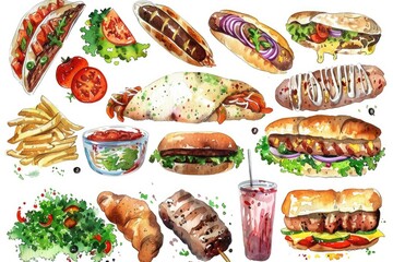 Watercolor Doner Kebab Ingredients Set. Hand Drawn Illustration of Classic Turkish Sandwich with Chicken, Beef, Lamb, and Fresh Vegetables on Pita Bread
