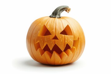Obraz premium A detailed depiction of a carved pumpkin with a spooky face, isolated on a pristine white background