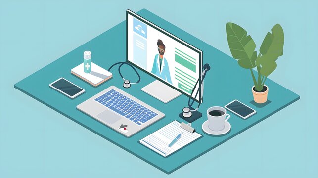 A computer monitor is on a desk with a laptop, a cell phone, a cup of coffee, and a potted plant. The scene is set up for a doctor to be able to communicate with a patient via video call