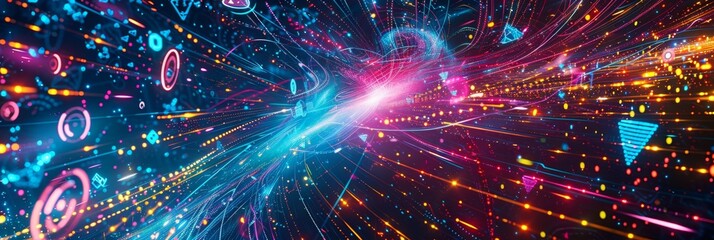 Fototapeta premium Internet of Things IoT Augmented Reality, a vibrant abstract background with flowing data lines and glowing nodes, showcasing the interconnected nature of IoT and AR