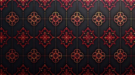 Intricate red and black patterned geometric design with floral motifs.