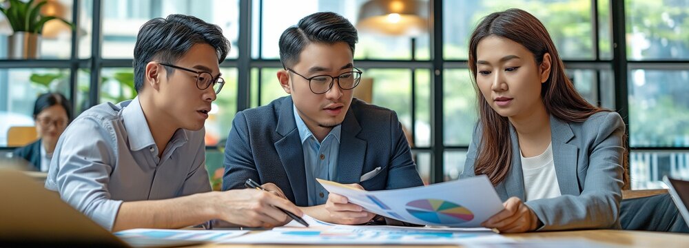 Asian advisor presenting clients with an investment plan at the consulting office.