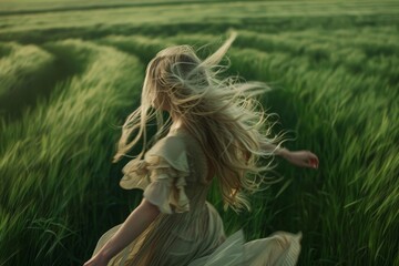 Obraz premium Woman Running Through Lush Green Field at Sunset