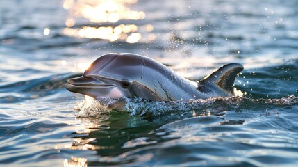 Fototapeta premium Serene dolphin basking in the sunlight, its dorsal fin breaking the surface in a tranquil moment of oceanic bliss