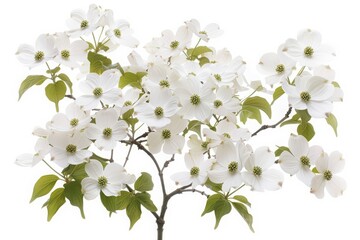 A dogwood tree with its clusters of white flowers and green leaves, set against a clean white backdrop