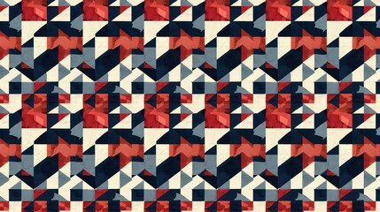 Abstract geometric pattern with red, blue, and beige triangles motifs