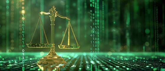 Justice Scales in Digital Format with a Binary Code Background on a Computer Screen