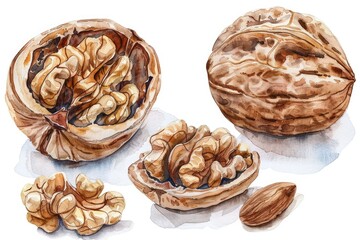 Watercolor Walnut Collection - Organic Nuts and Seeds in Close-up Illustration