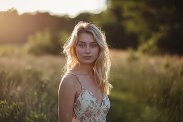 Obraz premium Young Woman In A Floral Dress Posing In A Field At Sunset