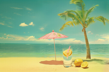 Obraz premium Minimal summer pastel concept, soft colors of tropical background., refreshing cocktail on the beach.. Exotic summer beach concept. Generative AI.