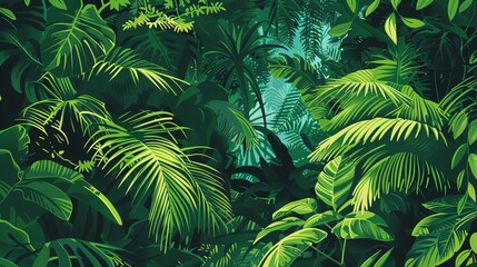 a painting of a jungle with lots of green plants and trees in the background