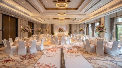 Elegant reception hall with floral arrangements and chic ambiance decor