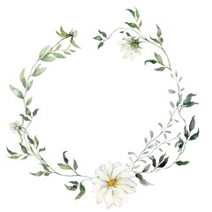 Watercolor floral wreath featuring flowers, bedstraw, grass and herbs. Hand-drawn frame of a plant bouquet on a white background. An outdoor illustration for design, printing or fabric background.
