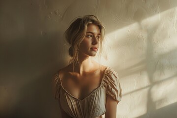 Fototapeta premium Woman in White Top Posing in Sunlit Room