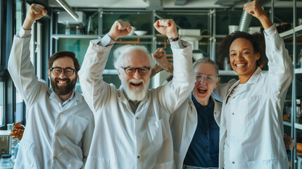 Diverse group of scientists in lab coats raising hands