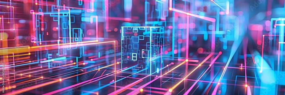 Poster internet of things iot augmented reality, an abstract geometric pattern with neon lights and flowing