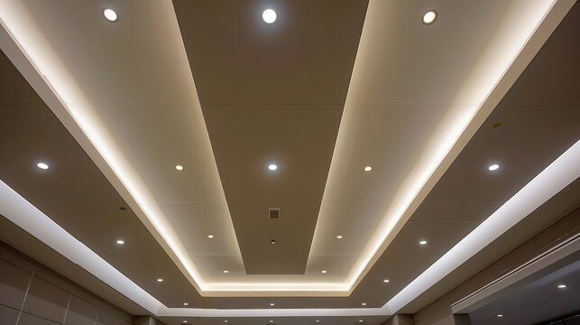 Modern ceiling design with recessed and cove lighting in a hallway