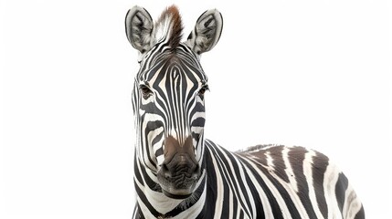 Stunning zebra standing alone against a white background, its bold stripes creating a visually striking and captivating image