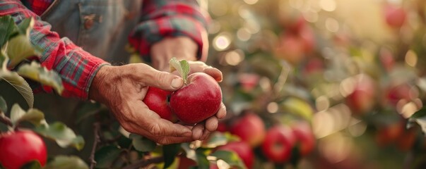 Farmer Harvesting Red Apples from Tree in Orchard.