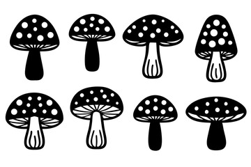 Black and white mushrooms with polka dots on white background
