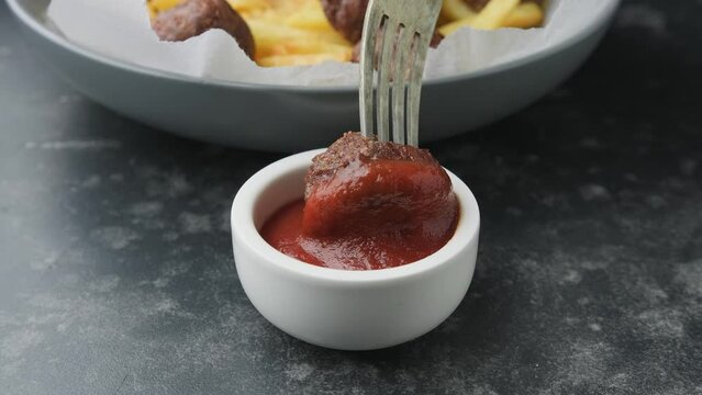 Dipping Beef meatball in ketchup. Fast food