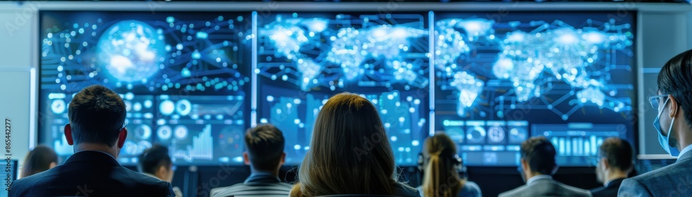 Aufkleber team of professionals analyzing global data on large digital screens in a modern control room with a
