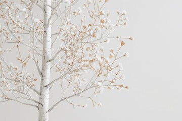 Obraz premium A slender birch tree with its distinctive white bark and delicate leaves, set against a clean white backdrop