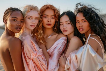 Obraz premium Five Women Posing Together In Pink Satin Dresses On A Sunny Day