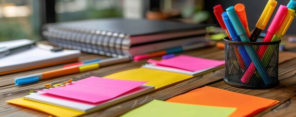 Colorful sticky notes, markers, and notebooks on a wooden desk in an organized workspace.