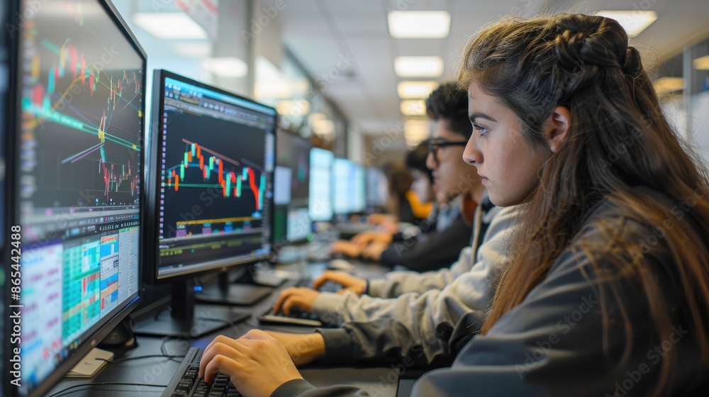 Poster focused individuals analyzing stock market data on multiple computer screens in a modern office sett