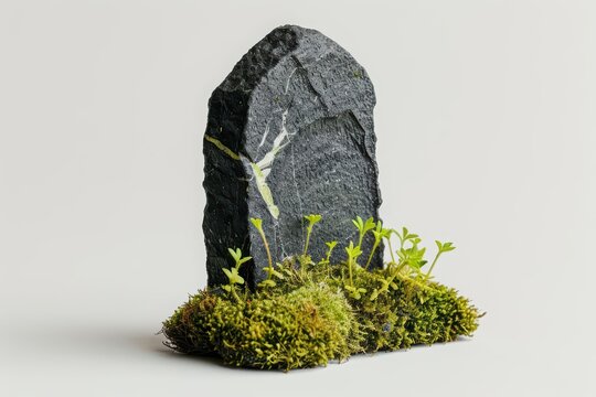 A spooky gravestone with moss and a cracked surface, set against a clean white backdrop