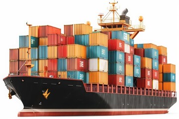 A sturdy cargo ship with containers stacked high, isolated on a white background