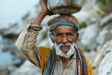 Obraz premium An elderly Indian man with a heavy pitcher on his head fetched water.