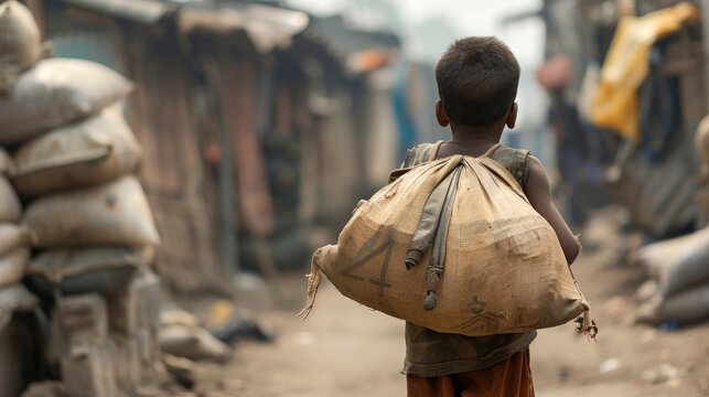 Poor orphan with a bag on his back in the slums Walking with his back to the camera. Around him there are piles of trash.