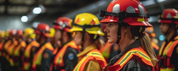 A team of firefighters standing in formation, wearing protective gear and helmets, ready for action in a fire station.