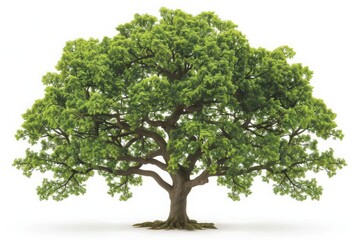 Obraz premium A towering oak tree with sprawling branches and lush green leaves, isolated on a pristine white background