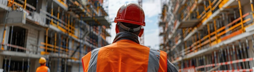 Obraz premium Construction worker in orange safety vest and red helmet inspecting multiple building structures on a construction site during development.