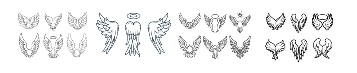 Fototapeta premium An illustration of winged angels spread their wings. Hand drawn illustration. Modern doodle set of winged icons