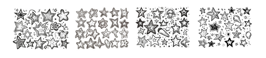 Obraz premium Several types of stars are drawn. A doodle drawing star, starry sketch, and the favorite star icon are isolated within a modern illustration.